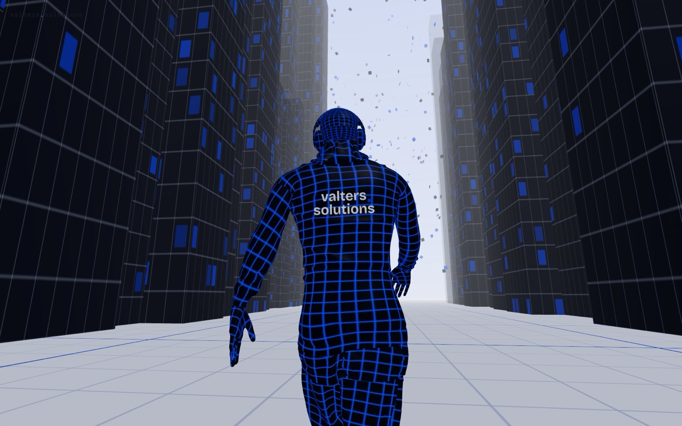 A blue wireframe figure walking into a city of dark towers on a light grid floor, particles rising ahead.