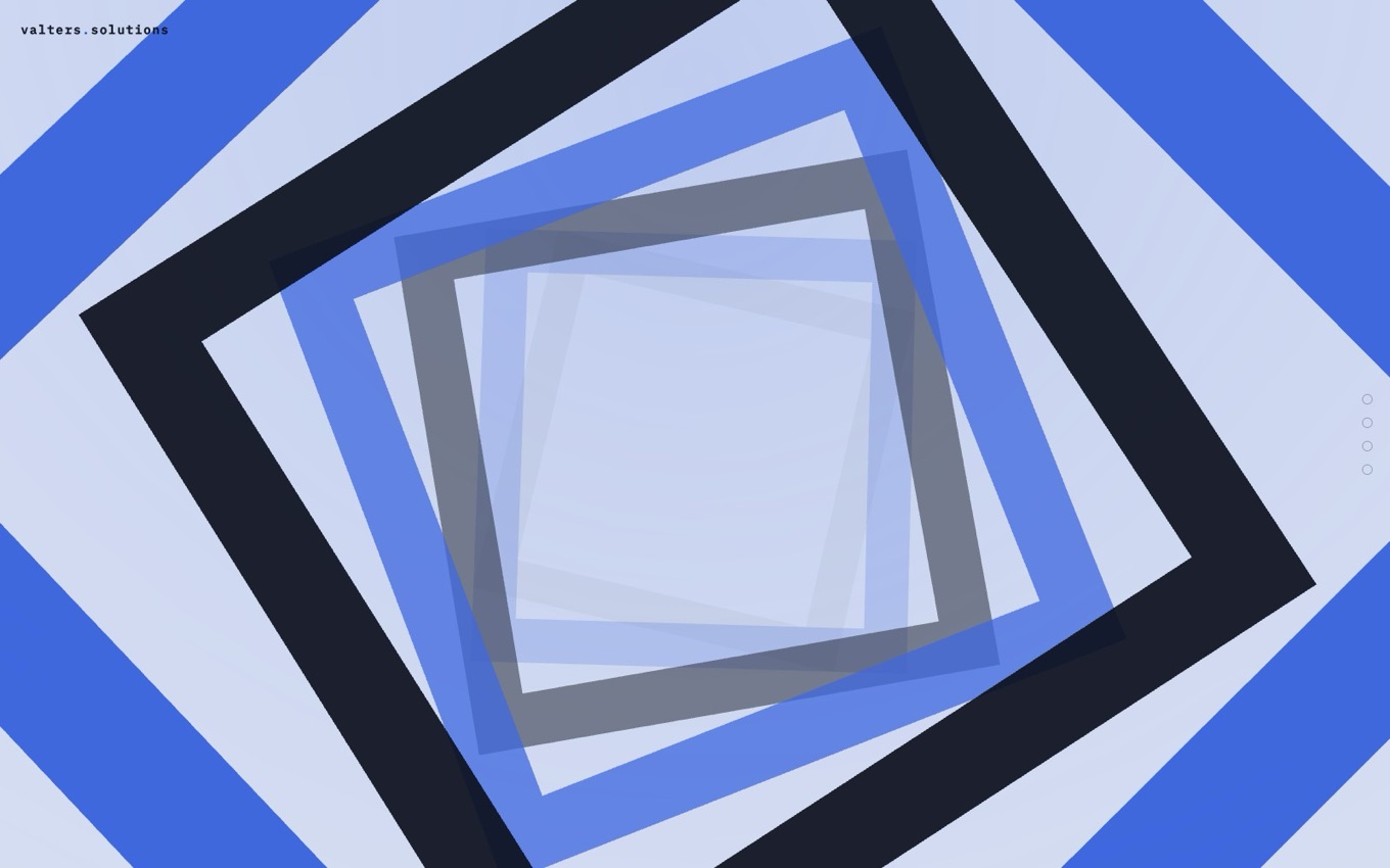 Concentric rotating squares in cobalt, ink and pale blue - the closing transition of the experience.