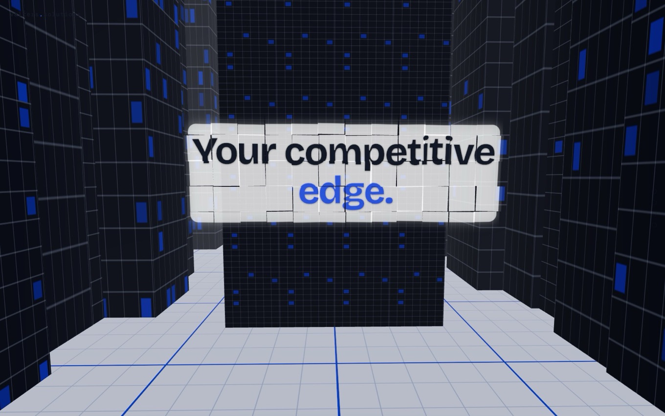A frosted white panel reading 'Your competitive edge' floating in the 3D city, with the word 'edge' in accent blue.