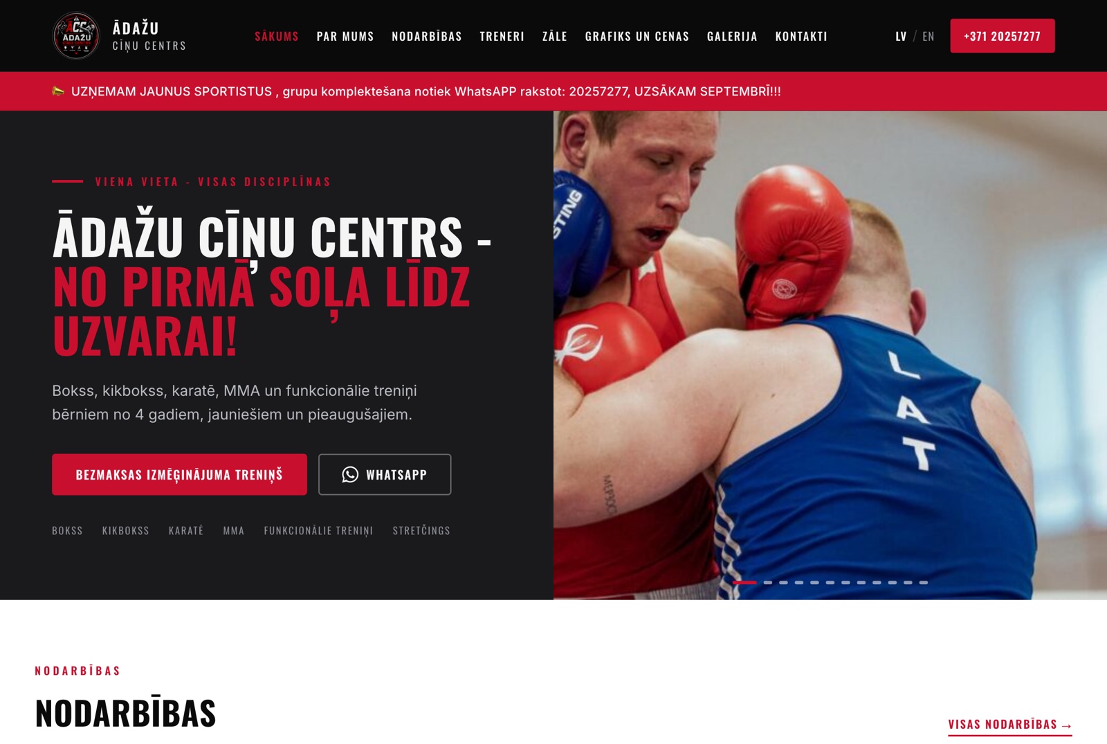 The Ādažu Cīņu Centrs homepage - a dark, professional combat-sports site with the club logo and Latvian navigation.